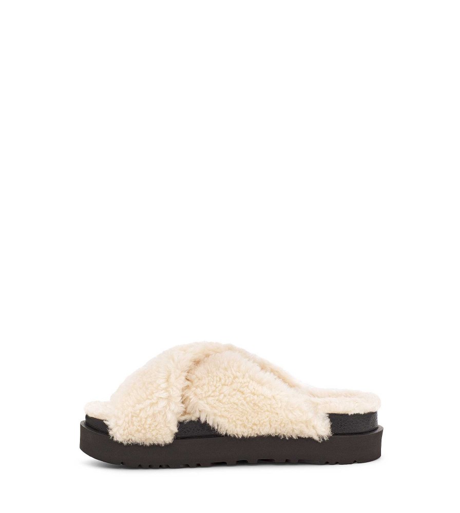 Damen UGG Hausschuhe | Fuzz Sugar Cross Slide Natur / Schwarz