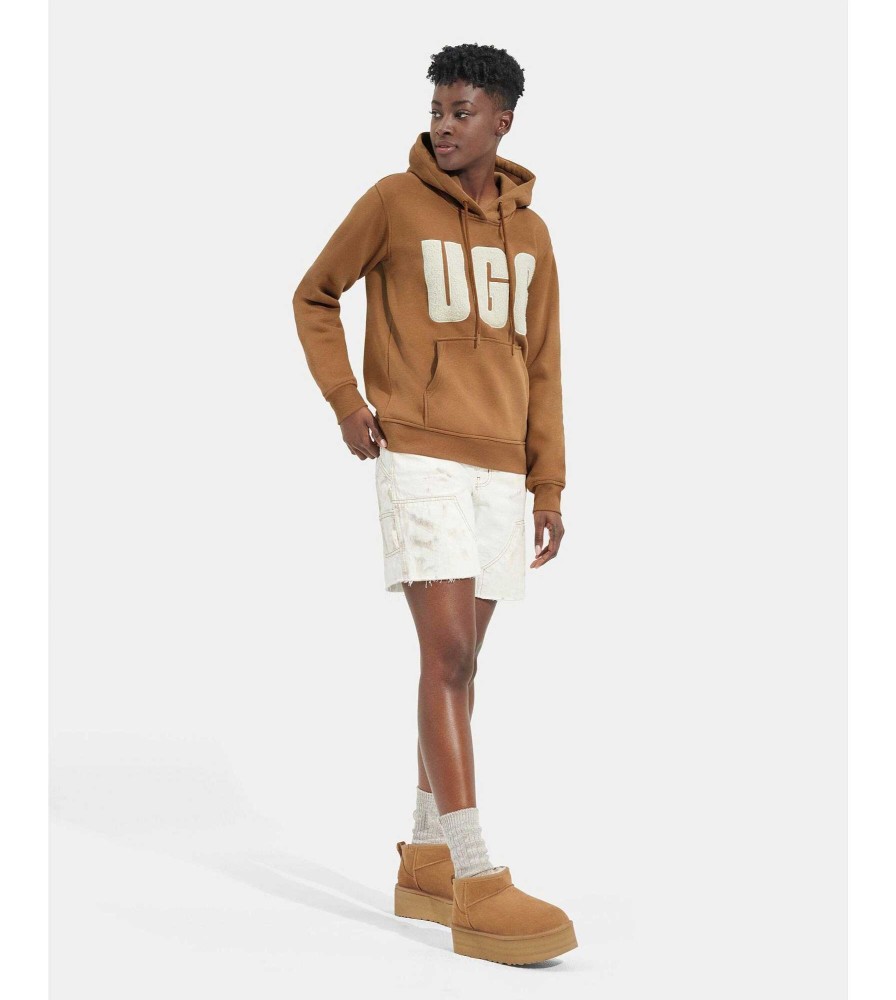 Damen UGG RTW-Kollektion | Rey Uggfluff Logo Kapuzenpullover Kastanie / Gips